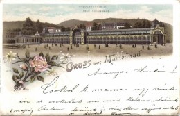 * T3 Marianske Lazne, Marienbad; Kreuzbrunnen, Neue Colonnade / Fountain, Promenade, Floral Litho (fa) - Ohne Zuordnung