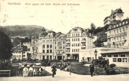 T2 Karlovy Vary, Karlsbad; Kath. Kirche, Schildplatz, Hotel Gold Schild, Cafe Helenenhof / Church, Square, Hotel,... - Non Classés