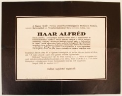 1933 Gyászjelentés Haar Alfréd (1885-1933) Matematikus Haláláról, Boda... - Zonder Classificatie