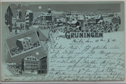 Gruss Aus Grüningen - Schulhaus, Notariatskanzlei, Kirche Gesamtansicht - Mondschein Litho - 10.10.10. Schnappszahl - Grüningen