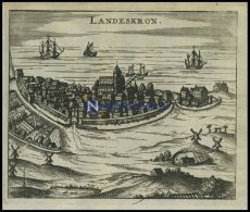 LANDSKRONA, Gesamtansicht Mit Reizender Schiffsstaffage, Kupferstich Von Zeiller 1655 - Litografía