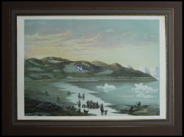 Grönland: JAKOBSHAVN (Parti Ved Jakobshavn), Ansicht Der Bucht Mit Eskimos Und Schlittenhunden, Kolorierte Lithogra - Lithografieën