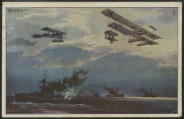 ALTE POSTKARTEN - FLUGZEUGE Wasserflugzeuge über Der Englischen Flotte, Farbige Künstlerkarte Von 1916 - Avions