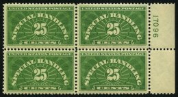 PAKETMARKEN Pa 15/6b VB **, Scott QE 3/4, 1928, 20 Und 25 C. Gelbgrün Special Handling In Postfrischen Viererblocks - Parcel Post & Special Handling