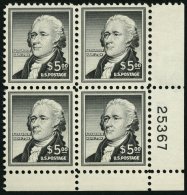 USA 675 VB **, Scott 1053, 1956, 5 $ Hamilton Im Unteren Rechten Eckrandviererblock Mit Plattennummer, Pracht, $ 230.- - Oblitérés