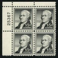 USA 675 VB **, Scott 1053, 1956, 5 $ Hamilton Im Oberen Rechten Eckrandviererblock Mit Plattennummer, Pracht, $ 230 - Used Stamps