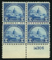 USA 284 VB **, Scott 572: 1923, 2 $ Kapitol Im Postfrischen Unterrandviererblock Mit Plattennummer, Pracht - Usati