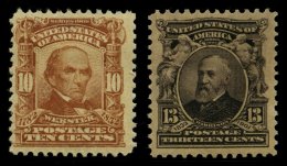 USA 145/6 *, Scott 307/8, 1902, 10 C. Webster Und 13 C. Harrison, Wz. 1, Gezähnt L 12, Falzrest, 2 Prachtwerte, $ 1 - Used Stamps