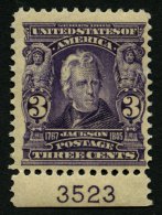 USA 140 *, Scott 302, 1903, 3 C. Jackson, Wz. 1, Gezähnt L 12, Unterrandstück Mit Plattennummer, Falzreste, Pr - Used Stamps