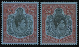 BERMUDA-INSELN 112a,b **, 1938/42, 2 Sh. 6 P. Rot/schwarz Auf Graublau Und Rot/schwarz Auf Blassblau, Gezähnt 14, P - Bermuda