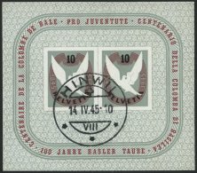 SCHWEIZ BUNDESPOST Bl. 12 O, 1945, Block Basler Taube, Ersttags-Sonderstempel, Pracht, Mi. 120.- - Oblitérés