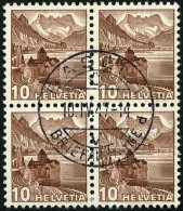 SCHWEIZ BUNDESPOST 363z VB O, 1940, 10 C. Dunkelrötlichbraun, Geriffelter Gummi, Im Zentrisch Gestempelten Viererbl - Oblitérés