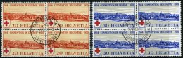 SCHWEIZ BUNDESPOST 357/8 VB O, 1939, Rotes Kreuz In Viererblocks Mit Zentrischen Ersttags-Stempeln, Pracht - Oblitérés