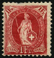 SCHWEIZ BUNDESPOST 70D *, 1899, 1 Fr. Karmin, Gezähnt K 111/2:12, Falzreste, Feinst (dünne Stelle Im Oberrand) - Oblitérés