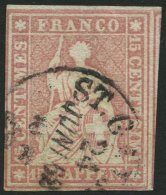 SCHWEIZ BUNDESPOST 15IIBym O, 1857, 15 Rp. Rosa, Grüner Seidenfaden, Berner Druck III, (Zst. 24G), Vollrandig Prach - Oblitérés