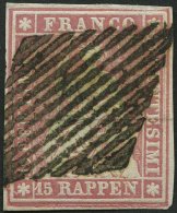 SCHWEIZ BUNDESPOST 15IIByp O, 1857, 15 Rp. Rosa, Blauer Seidenfaden, Berner Druck II, (Zst. 24Da), Allseits Breitrandig, - Usati