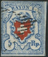 SCHWEIZ BUNDESPOST 9II O, 1851, 5 Rp. Preußischblau/orangerot, Type 15, Druckstein B3 (RO), Schmal-überrandig - 1843-1852 Federal & Cantonal Stamps