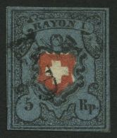 SCHWEIZ BUNDESPOST 7II O, 1850, 5 Rp. Schwarz/zinnoberrot Auf Blau, Ohne Kreuzeinfassung, (Zst. 15IIa), Type 14, Mit Sch - Usati