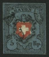 SCHWEIZ BUNDESPOST 7II O, 1850, 5 Rp. Schwarz/zinnoberrot Auf Blau, Ohne Kreuzeinfassung, (Zst. 15IIa), Type 14, Mit Sch - Used Stamps