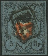 SCHWEIZ BUNDESPOST 7II O, 1850, 5 Rp. Schwarz/zinnoberrot Auf Blau, Ohne Kreuzeinfassung, Type 20, Mit Schwarzem P.P. Mi - 1843-1852 Poste Federali E Cantonali