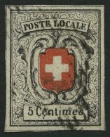 SCHWEIZ BUNDESPOST 3b O, 1851, 5 C. Tiefschwarz/rot, Sog. Neuenburg, (Zst. 11a), Kaum Sichtbare Leichte Bugspur Sonst Vo - Usati