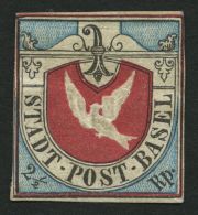 BASEL 1b (*), 1845, 21/2 Rp. Schwarz/lebhaftkobaltblau/rötlichkarmin, Sog. Basler Taube, Erstauflage (Zst.-Nr. 8a), - 1843-1852 Federal & Cantonal Stamps