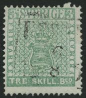 SCHWEDEN 1a O, 1855, 3 Skill. Bco. Hellbläulichgrün, R3 UPSALA, Pracht, Fotoattest Sjöman, Mi. 3500.- - Usados