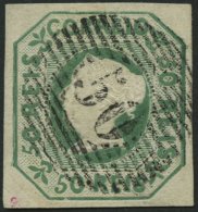 PORTUGAL 3b O, 1853, 50 R. Blaugrün, Zentrischer Nummernstempel 50, Leichte Bugspur Sonst Pracht, Gepr. U.a. Grobe, - Gebruikt