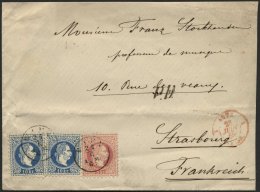 STERREICH 37/8I BRIEF, 1869, 5 Kr. Karmin Und 2x 10 Kr. Blau, Grober Druck, Auf Brief Von WIEN Nach Strasbourg, Leichte - Oblitérés