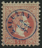 STERREICH 37I O, 1870, 5 Kr. Karmin, Grober Druck, Zentrischer Fingerhutstempel ZALUZAN, Kabinett - Oblitérés