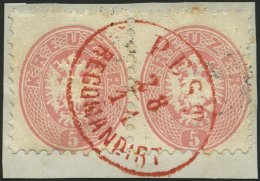 STERREICH 32 Paar BrfStk, 1863, 5 Kr. Rosa Im Waagerechten Paar Mit Zentrischem Ovalen Roten PEST RECOMMANDIRT, Ryan Nr. - Oblitérés