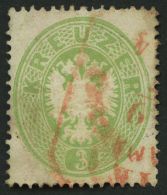 STERREICH 25 O, 1863, 3 Kr. Grün Mit Rotem Stempel, üblich Gezähnt Pracht, Mi. 250.- - Oblitérés