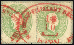 STERREICH 19 Paar BrfStk, 1860, 3 Kr. Grün Im Waagerechten Paar Mit Rotem Wiener-Recommandirt-Stempel, Prachtbriefs - Used Stamps