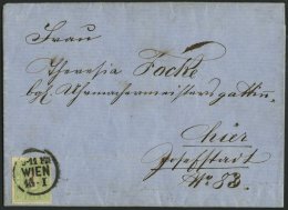 STERREICH 12a BRIEF, 1860, 3 Kr. Gelblichgrün, Prachtstück Auf Brief (1x Gefaltet) Aus WIEN - Oblitérés