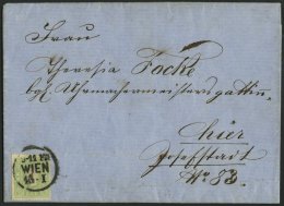 STERREICH 12a BRIEF, 1860, 3 Kr. Gelblichgrün, Prachtstück Auf Brief (1x Gefaltet) Aus WIEN - Gebruikt