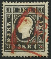 STERREICH 11II O, 1859, 3 Kr. Schwarz, Type II, Roter R3, Pracht, Mi. 230.- - Oblitérés