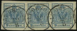 STERREICH 5X O, 1850, 9 Kr. Blau, Handpapier, Type IIIa, Im Waagerechten Dreierstreifen Mit Engen Waagerechten Abst&auml - Oblitérés