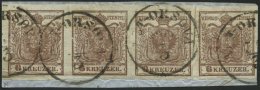 STERREICH 4X BrfStk, 1850, 6 Kr. Braun, Handpapier, Type Ia, Im Waagerechten Viererstreifen, 2. Marke Mit Plattenfehler - Usati