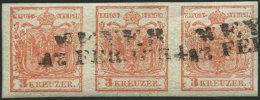 STERREICH 3Y O, 1854, 3 Kr. Rot, Maschinenpapier, Im Waagerechten Dreierstreifen, Mit Plattenfehler Innenrahmen Durchbro - Usati