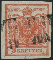 STERREICH 3X O, 1850, 3 Kr. Rot, Handpapier, Randdruck Links, Mit Seltenem Ungarischen R2 WESPRI(M), Pracht - Oblitérés