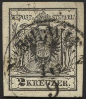STERREICH 2Ya O, 1854, 2 Kr. Schwarz, Maschinenpapier, Breitrandig, Pracht, Mi. 80.- - Oblitérés