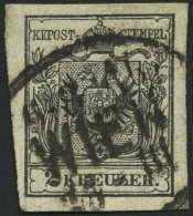 STERREICH 2Ya O, 1854, 2 Kr. Schwarz, Maschinenpapier, Mit Plattenfehler Beschädigung Am Linken Kronenband, Ovalste - Gebruikt