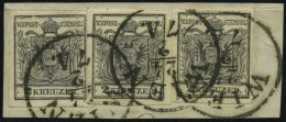 STERREICH 2Y BrfStk, 1854, 2 Kr. Schwarz, Maschinenpapier, 3x Auf Briefstück, K1 WIEN, Dekoratives Kabinettbriefst& - Usati