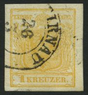 STERREICH 1Yc O, 1854, 1 Kr. Goldgelb, Maschinenpapier, Type Ib, Stempel TIRNAU, Breitrandig, Pracht, Gepr. Bolaffi Und - Usados