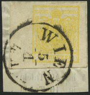 STERREICH 1Ya BrfStk, 1854, 1 Kr. Chromgelb, Maschinenpapier, Type III, Linkes Randstück (8 Mm), K1 WIEN, Kabinettb - Oblitérés