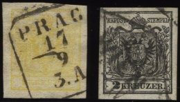 STERREICH 1,2Ya O, 1854, 1 Kr. Gelb Und 2 Kr. Schwarz, Maschinenpapier, 2 Prachtwerte, Mi. 200.- - Oblitérés