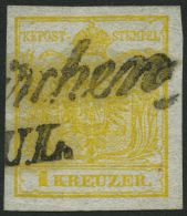 STERREICH 1Xd O, 1850, 1 Kr. Kadmiumgelb, Handpapier, Type III, L2, Pracht, Fotobefund Dr. Ferchenbauer - Oblitérés