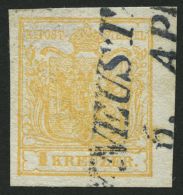 STERREICH 1Xb O, 1850, 1 Kr. Hellorange, Handpapier, Type III, Kartonpapier 0.12 Mm, L2 NEUSTADT, Pracht, Befund Dr. Fer - Oblitérés