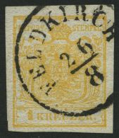 STERREICH 1Xb O, 1850, 1 Kr. Hellorange, Handpapier, Seidenpapier, K1 FELDKIRCH, Kabinett, Gepr. Matl - Oblitérés