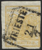 STERREICH 1XaDG O, 1850, 1 Kr. Gelb, Handpapier, Doppelseitiger Druck, Stempel TRIESTE, Pracht, Mi. 180.- - Usados